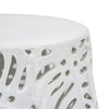 19 Inch Stool Table Round Drum Ceramic Palm Leaf Design Glossy White By Casagear Home BM285126