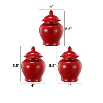 6 Inch Small Ginger Jar Lidded Porcelain Bell Shape Set of 3 Red By Casagear Home BM285146