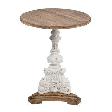 27 Inch Side End Table, Mango Wood, Round, Turned Pedestal, White, Brown By Casagear Home