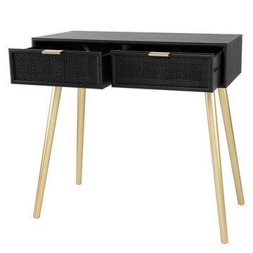 Pia 32 Inch Wood Console Table 2 Drawers Woven Rattan Design Black Gold By Casagear Home BM285177