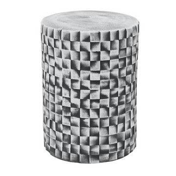 18 Inch Stool Table, Ceramic, Cylindrical, Textured Geometry, Outdoor, Gray By Casagear Home