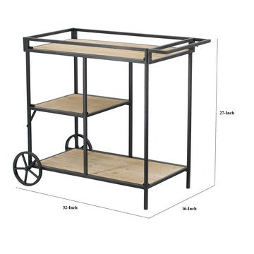 32 Inch Bar Cart 3 Tiers Fir Wood Shelves Iron Frame Black Brown By Casagear Home BM285235