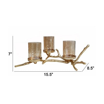 16 Inch 3 Pillar Candle Holder Aluminum Accented Frosted Glass Gold By Casagear Home BM285263