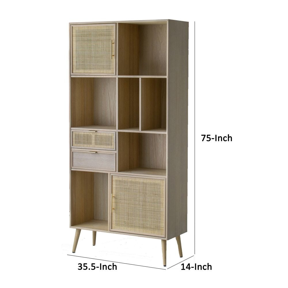 Dana 75 Inch Bookcase 6 Unique Shelves 4 Rattan Drawers Natural Brown By Casagear Home BM285270