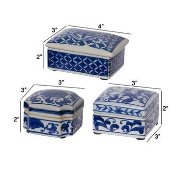 Set of 3 Decorative Boxes White and Blue Porcelain Pottery Floral Designs By Casagear Home BM285351