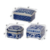 Set of 3 Decorative Boxes White and Blue Porcelain Pottery Floral Designs By Casagear Home BM285351