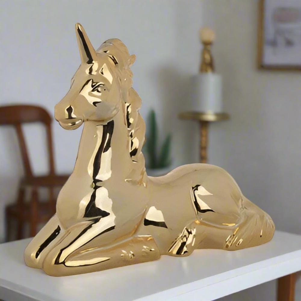 11 Inch Sitting Unicorn Figurine, Ceramic Statuette in Gold Metallic Finish By Casagear Home