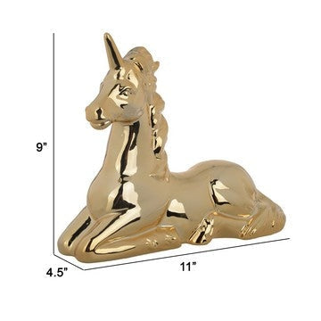 11 Inch Sitting Unicorn Figurine Ceramic Statuette in Gold Metallic Finish By Casagear Home BM285352