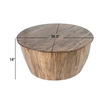 37 Inch Round Coffee Table Drum Shape Mango and Sheesham Wood Brown By Casagear Home BM285374