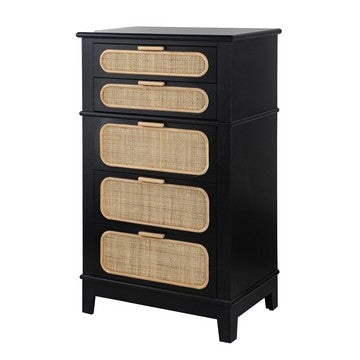 Dana 46 Inch Tall Dresser Chest, Pine Wood, Woven Rattan, 5 Drawers, Black By Casagear Home