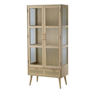 Dana 63 Inch Tall Cabinet, 2 Glass Doors, 1 Drawer, Natural Pine Wood By Casagear Home