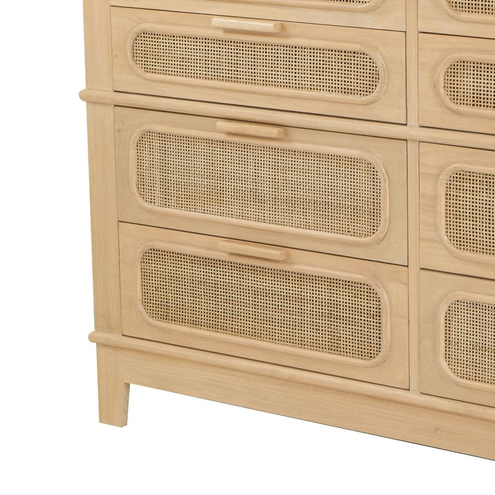 Dana 52 Inch Chest Cabinet Pine Wood and Woven Rattan 8 Drawers Natural By Casagear Home BM285426