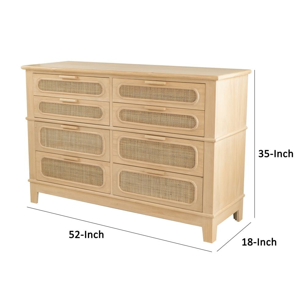 Dana 52 Inch Chest Cabinet Pine Wood and Woven Rattan 8 Drawers Natural By Casagear Home BM285426