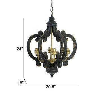 Aki 21 Inch Carved Wood Chandelier 6 Lights Vintage Classic Black Gold By Casagear Home BM285442