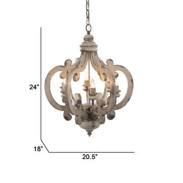 Aki 21 Inch 6 Light Chandelier Carved Wood Frame Classic Vintage White By Casagear Home BM285443