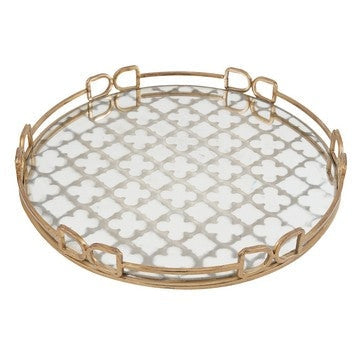 Sui 18 Inch Round Decorative Tray, Glass Bottom and Gold Geometric Frame By Casagear Home