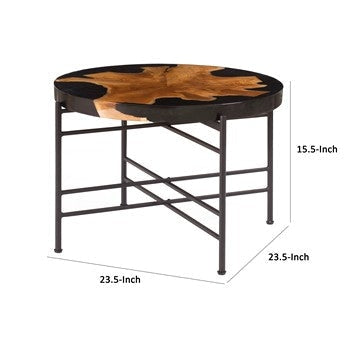 24 Inch Round Accent Side Table Teak Root Wood and Iron Brown Black By Casagear Home BM285523