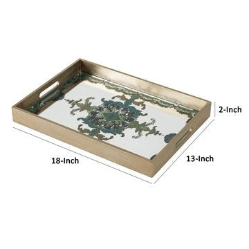 Miki 18 Inch Decorative Tray Artistic Mirrored Damask Pattern Gold Finish By Casagear Home BM285528