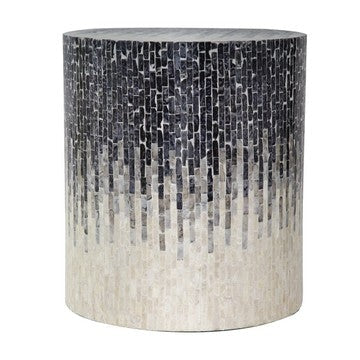 18 Inch Capiz Accent Stool Table, Cylindrical Mosaic, Off White, Black By Casagear Home