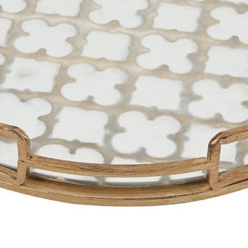 Sui 16 Inch Round Serving Tray Glass Bottom and Gold Geometric Frame By Casagear Home BM285558