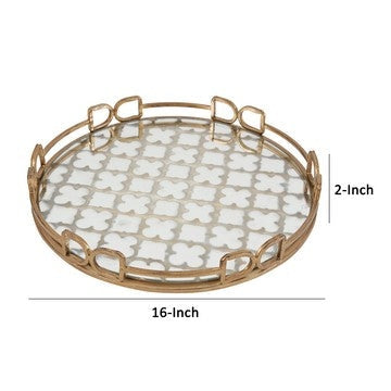 Sui 16 Inch Round Serving Tray Glass Bottom and Gold Geometric Frame By Casagear Home BM285558