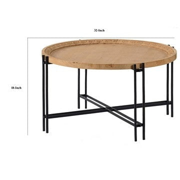 32 Inch Fir Wood Coffee Table Intersecting Metal Legs Brown and Black By Casagear Home BM285567