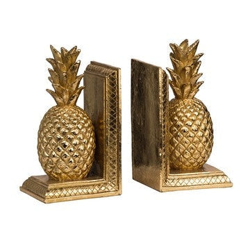 10 Inch Modern Bookends, Pineapple Decorative Statuette, Gold Resin By Casagear Home