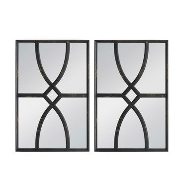 Tio 24 Inch Fir Wood Wall Mirror Set of 2, Geometric Overlaid Design, Black By Casagear Home