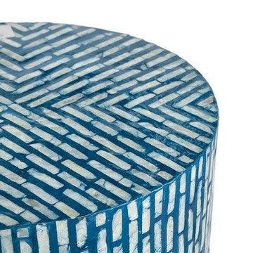 20 Inch Capiz Accent Stool Table Cylindrical Linear Pattern Blue Black By Casagear Home BM285576