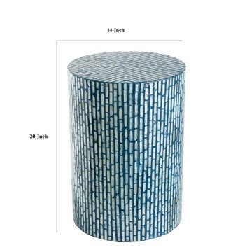 20 Inch Capiz Accent Stool Table Cylindrical Linear Pattern Blue Black By Casagear Home BM285576