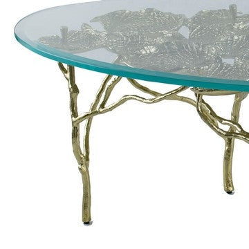 47 Inch Artisanal Coffee Table with Metal Frame Oval Clear Glass Top Gold By Casagear Home BM285578