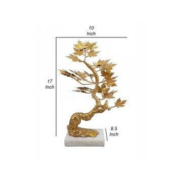 17 Inch Maple Tree Accent Decor with Leaves Metal on a Marble Base Gold By Casagear Home BM285580