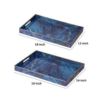 19 18 Inch Set of 2 Modern Decorative Trays Blue Pattern with Gold Rim By Casagear Home BM285588