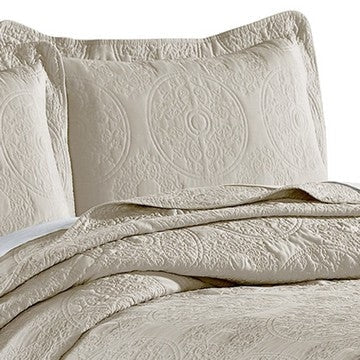 Ada 3 Piece Microfiber King Size Quilt Set Mandala Embroidery Cream By Casagear Home BM285622