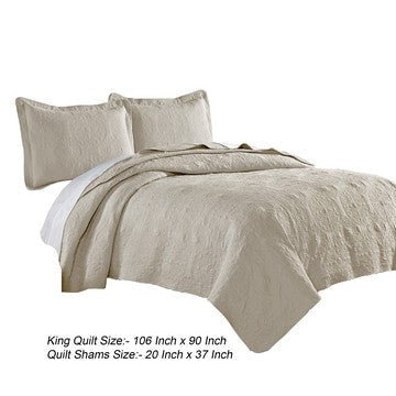 Ada 3 Piece Microfiber King Size Quilt Set Mandala Embroidery Cream By Casagear Home BM285622