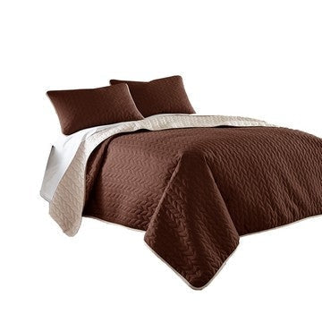 Eva 3 Piece King Microfiber Reversible Coverlet Set, Quilted, Brown, Ivory By Casagear Home