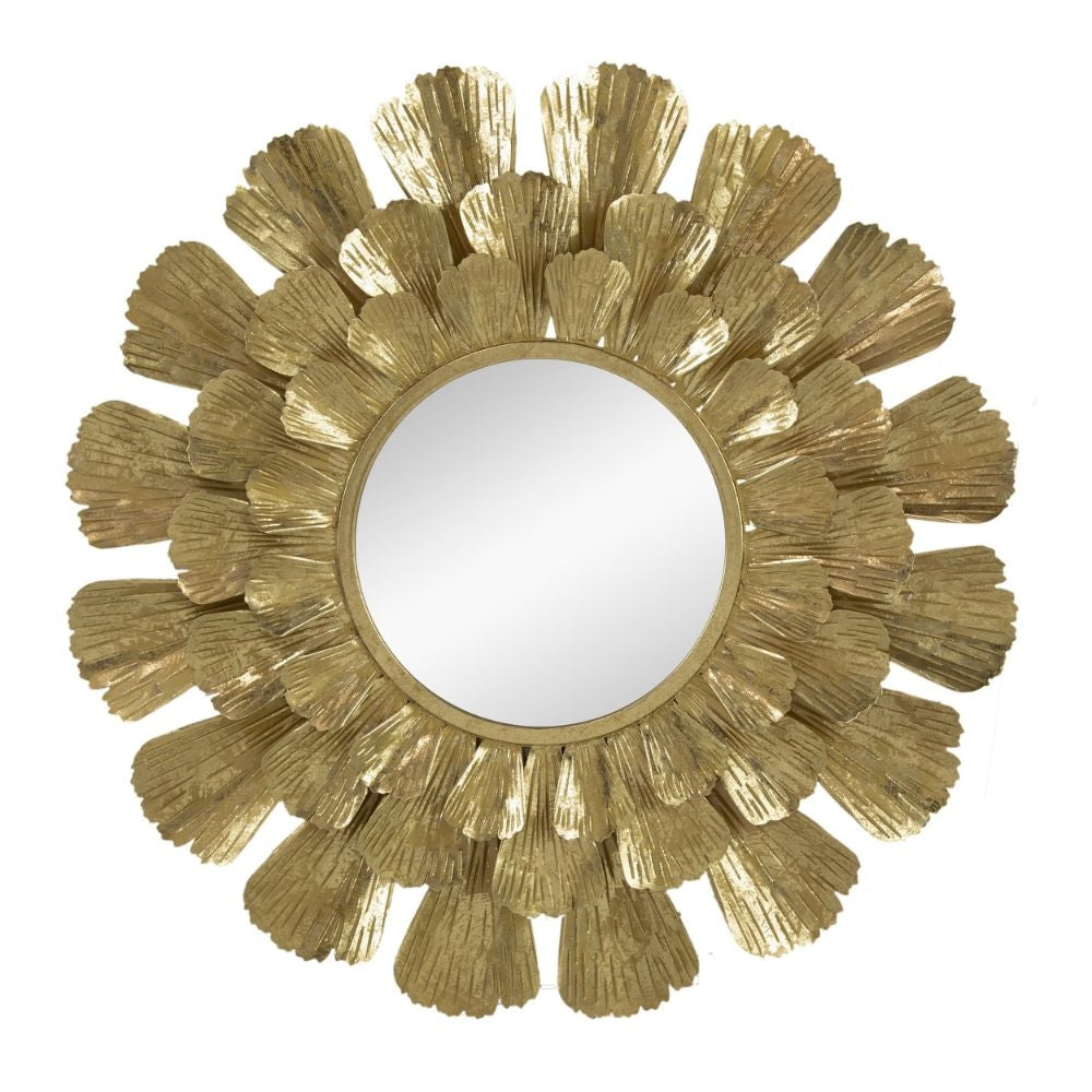 37 Inch Wall Mirror, Layered Flower Petals, Gold Finished Metal Frame By Casagear Home