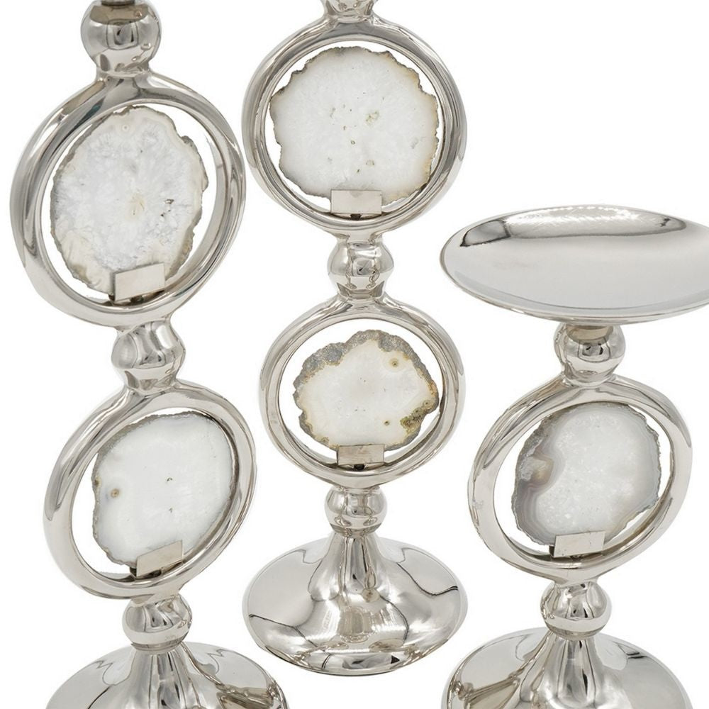 22 16 10 Inch Pillar Candle Set of 3 Agate Stone Silver Metal Frame By Casagear Home BM285916