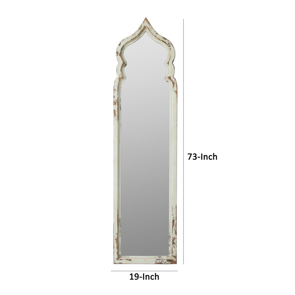 73 Inch Floor Mirror with Ornate Sculpted Top Fir Wood Weathered White By Casagear Home BM285925