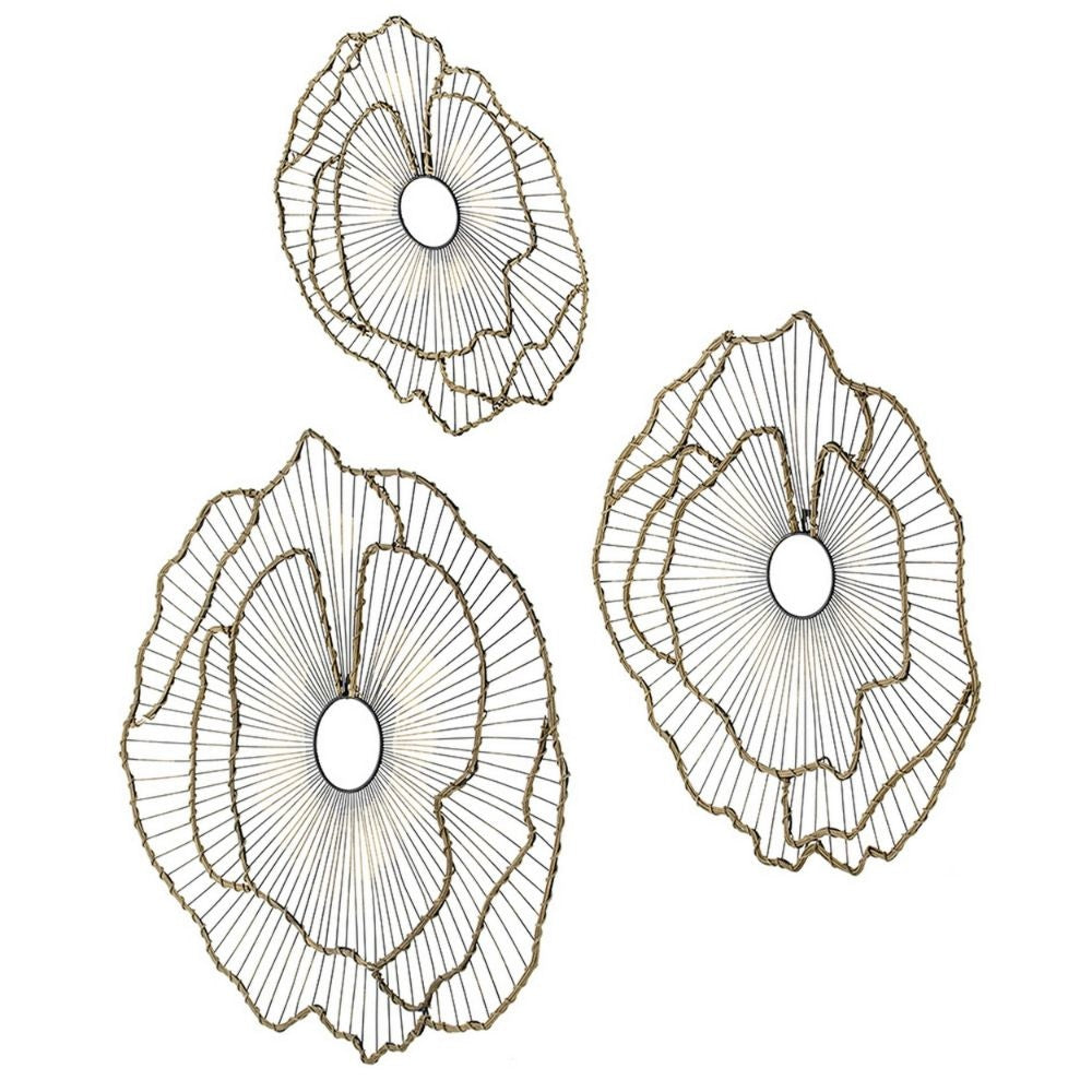 30 24 18 Inch Set of 3 Decorative Metal Flowers Wall Decor Black Gold By Casagear Home BM285945