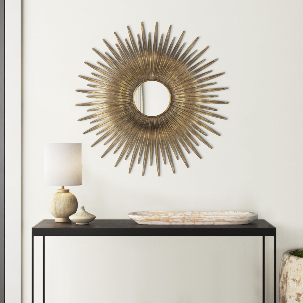 28 Inch Wall Mount Accent Mirror with Round Sunburst Iron Frame,  Gold By Casagear Home