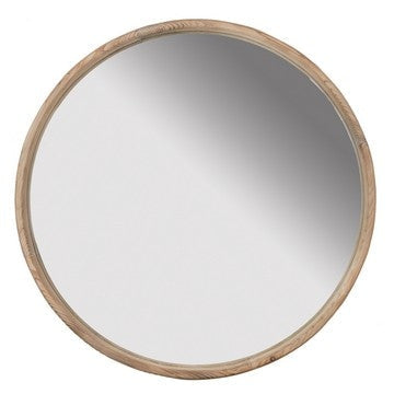 28 Inch Round Wall Mount Accent Mirror, Natural Fir Wood with Subtle Grains By Casagear Home