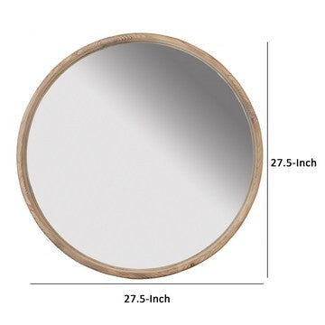 28 Inch Round Wall Mount Accent Mirror Natural Fir Wood with Subtle Grains By Casagear Home BM286105