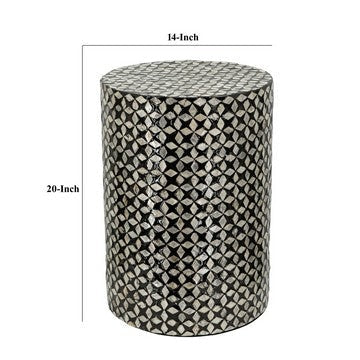 20 Inch Capiz Accent Stool Table Cylindrical Geometric Silver Black By Casagear Home BM286115