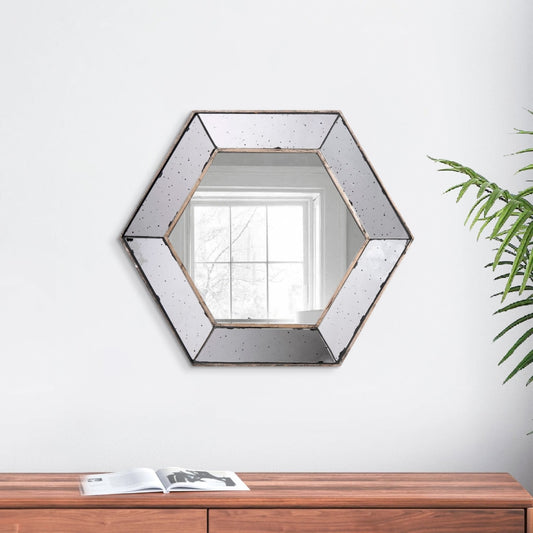 Filo 21 Inch Wall Accent Mirror, Raised Tray Edges, Hexagonal Mirror Frame By Casagear Home