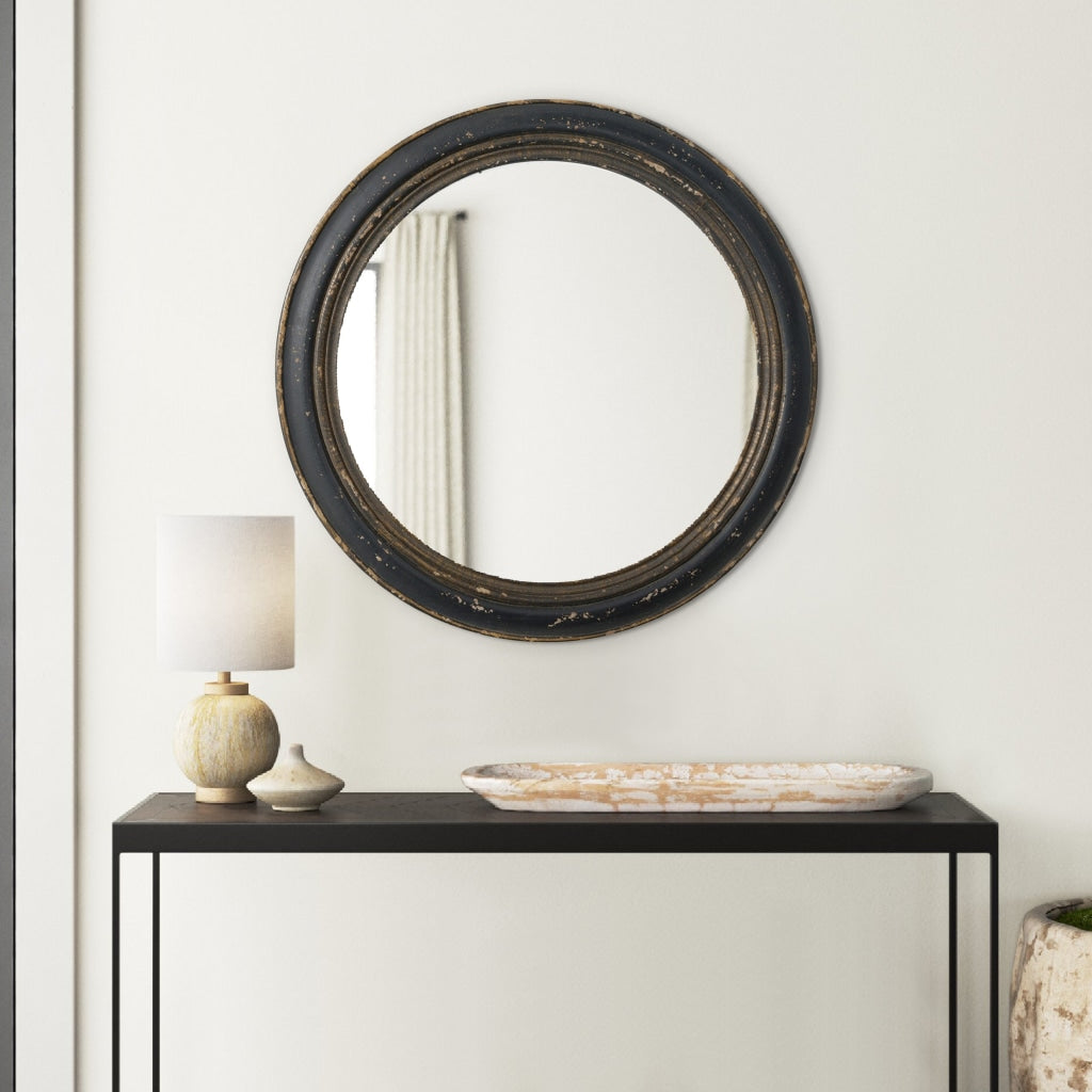 24 Inch Round Wall Mount Mirror, Molded Trim Wood Frame, Distressed Brown By Casagear Home