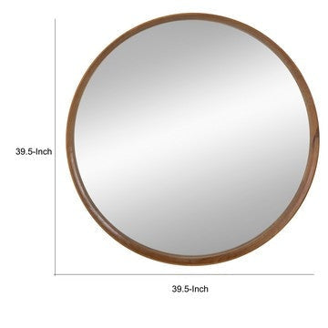 Roe 40 Inch Round Accent Mirror Brown Pine Wood Frame Wall Hung By Casagear Home BM286302