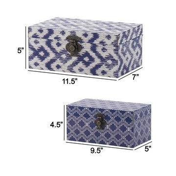 12 10 Inch Wood Boxes Classic Blue and White Quatrefoil Design Set of 2 By Casagear Home BM286368