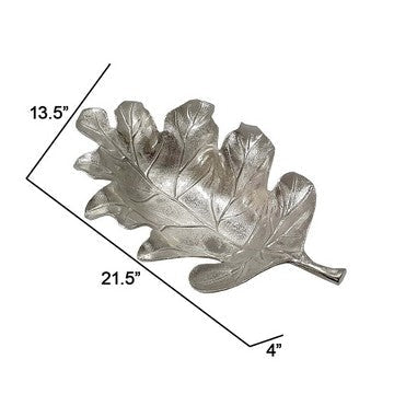 22 Inch Modern Decorative Tray Oak Leaf Design Striking Silver Metal Frame By Casagear Home BM286372