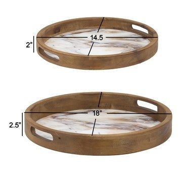 18 15 Inch Round Decorative Tray Marble Effect Brown Fir Wood Frame By Casagear Home BM286373